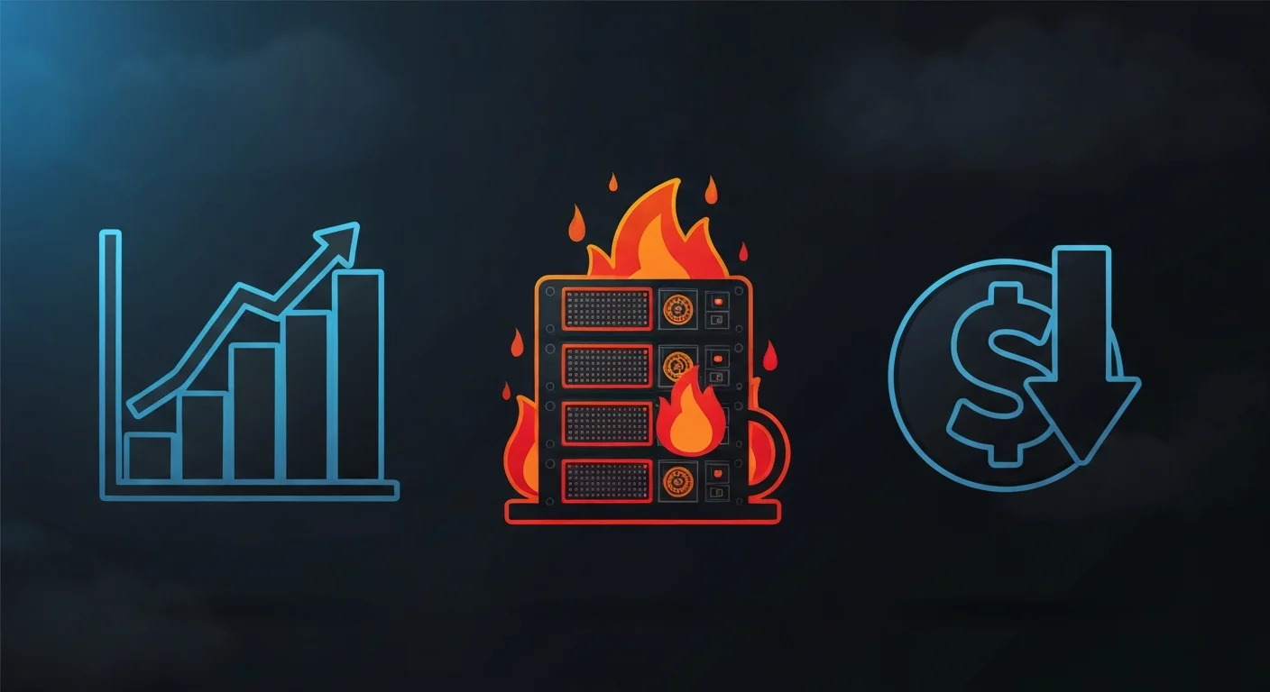 右肩下がりのグラフとGPUサーバー、ドル記号が並ぶ暗いイメージ